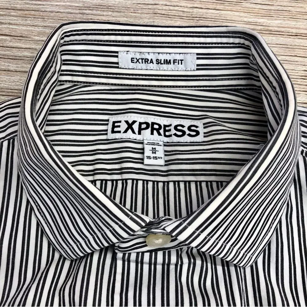 Men's Express Extra Slim Fit Black White Stripe Long Sleeve Button Front Shirt